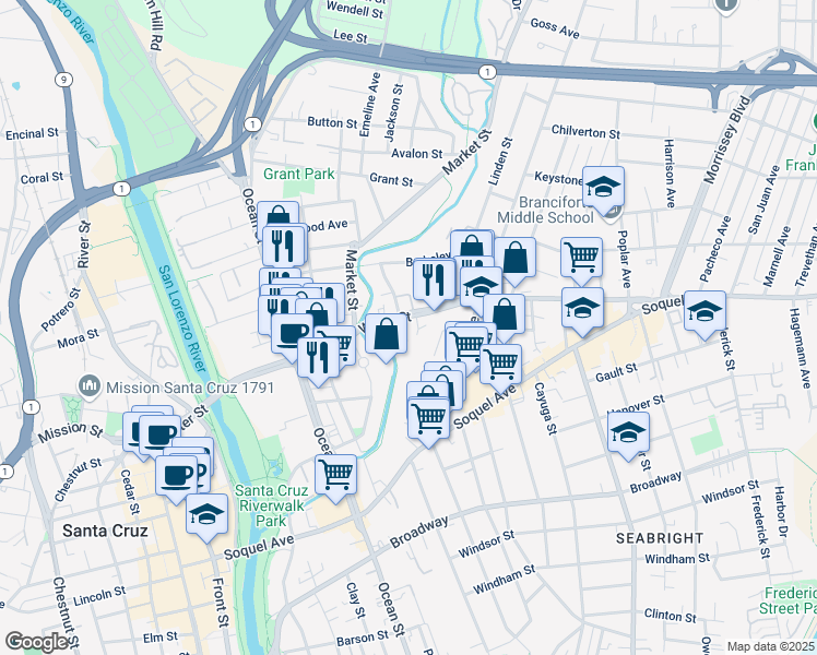 map of restaurants, bars, coffee shops, grocery stores, and more near 631 Water Street in Santa Cruz