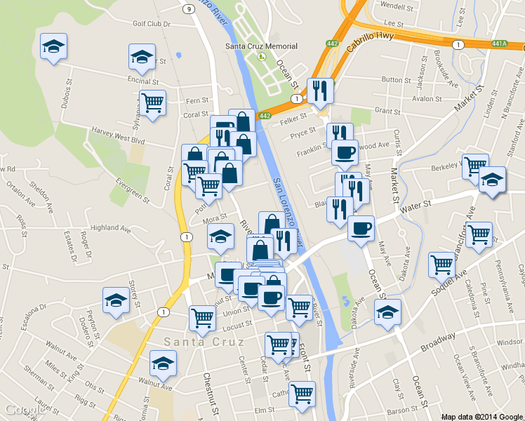 map of restaurants, bars, coffee shops, grocery stores, and more near 308 River Street in Santa Cruz