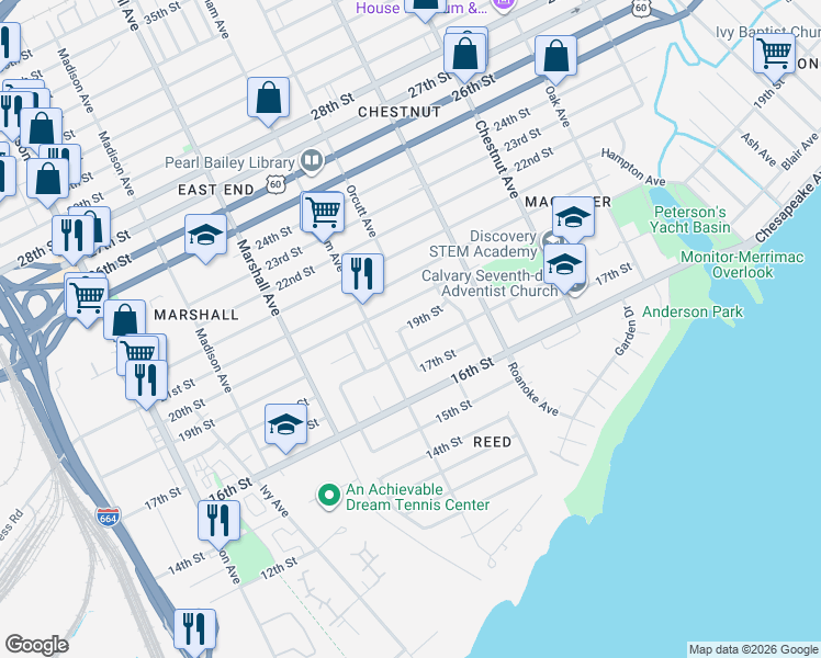 map of restaurants, bars, coffee shops, grocery stores, and more near 941 19th Street in Newport News