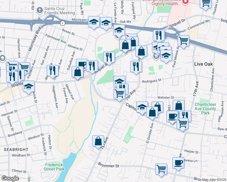 map of restaurants, bars, coffee shops, grocery stores, and more near 465 Glenada Lane in Santa Cruz