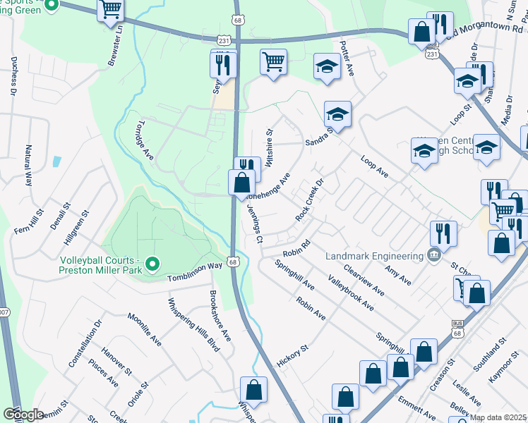 map of restaurants, bars, coffee shops, grocery stores, and more near 2139 Stonebrook Court in Bowling Green