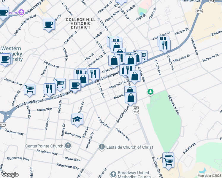 map of restaurants, bars, coffee shops, grocery stores, and more near 1101 East 13th Avenue in Bowling Green