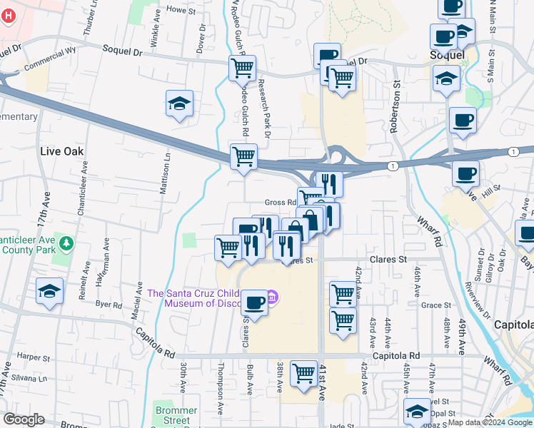 map of restaurants, bars, coffee shops, grocery stores, and more near 3710 Gross Road in Santa Cruz
