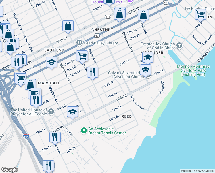 map of restaurants, bars, coffee shops, grocery stores, and more near 938 19th Street in Newport News