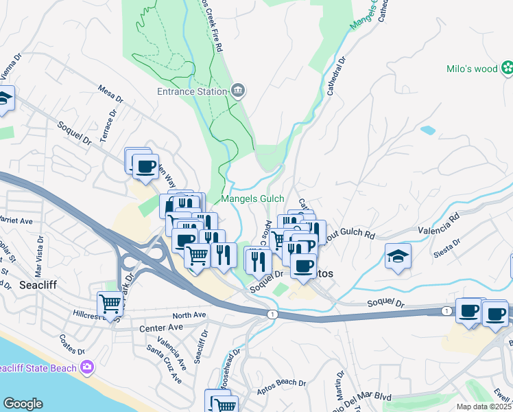 map of restaurants, bars, coffee shops, grocery stores, and more near 355 Village Creek Road in Aptos
