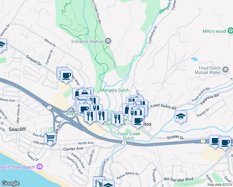 map of restaurants, bars, coffee shops, grocery stores, and more near 355 Village Creek Road in Aptos