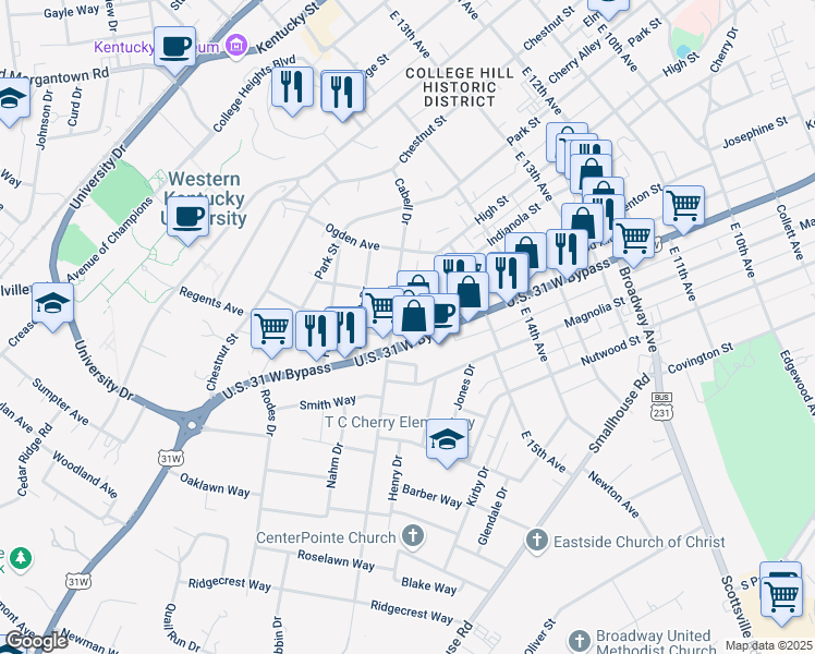 map of restaurants, bars, coffee shops, grocery stores, and more near 1589 U.S. 31 West Bypass in Bowling Green