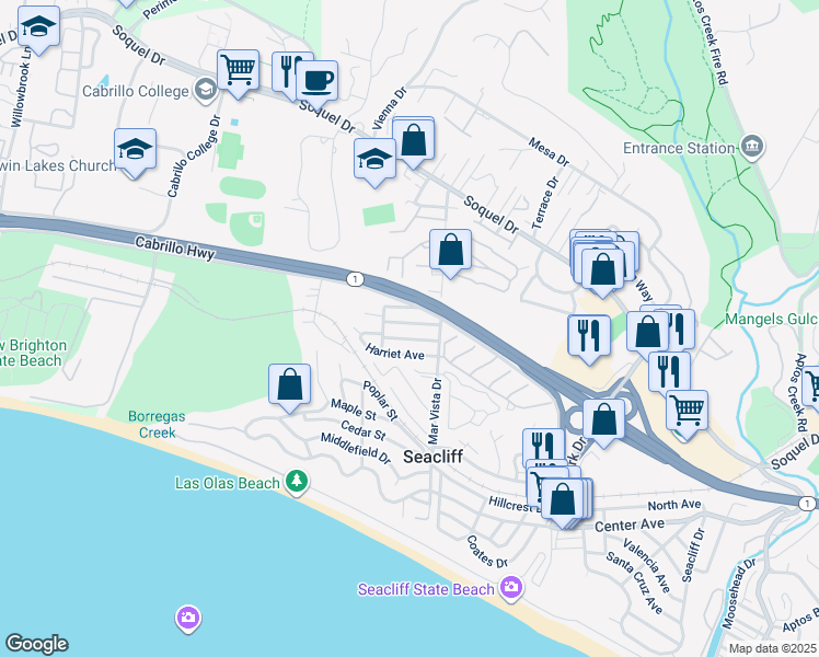 map of restaurants, bars, coffee shops, grocery stores, and more near 524 Gertrude Avenue in Aptos