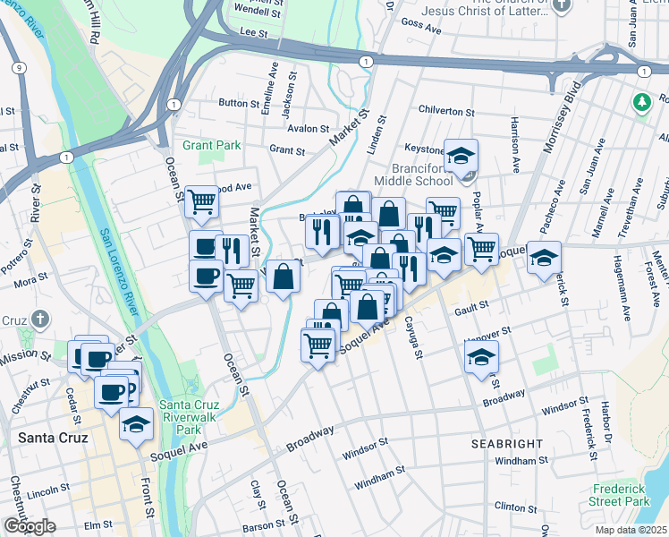 map of restaurants, bars, coffee shops, grocery stores, and more near 736 Water Street in Santa Cruz