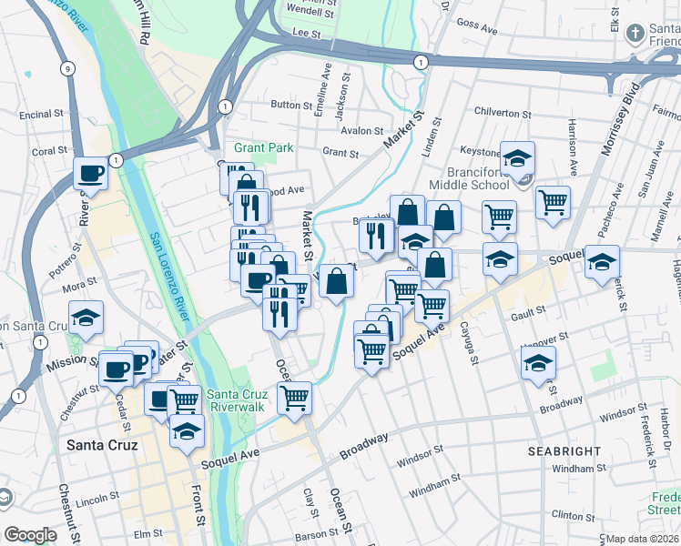 map of restaurants, bars, coffee shops, grocery stores, and more near 631 Water Street in Santa Cruz