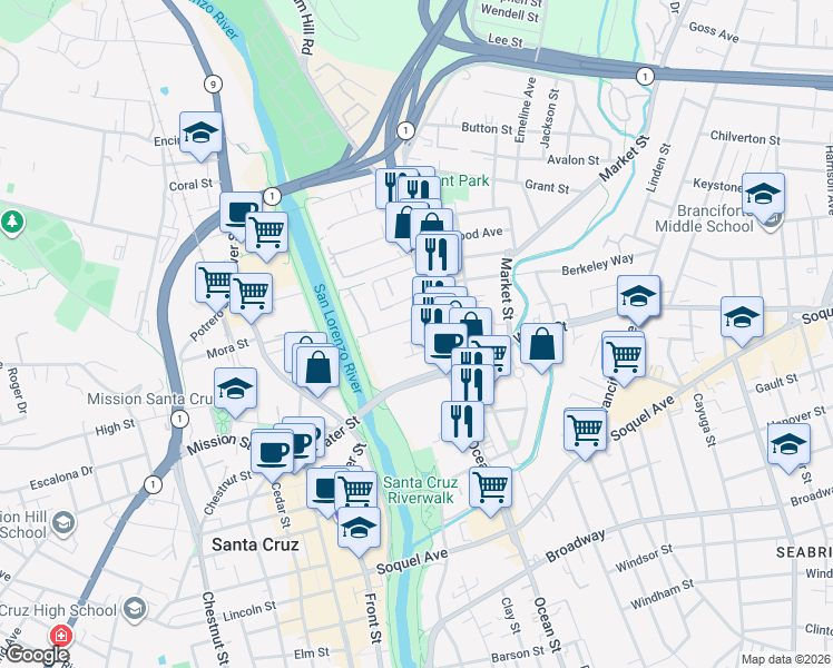 map of restaurants, bars, coffee shops, grocery stores, and more near in Santa Cruz