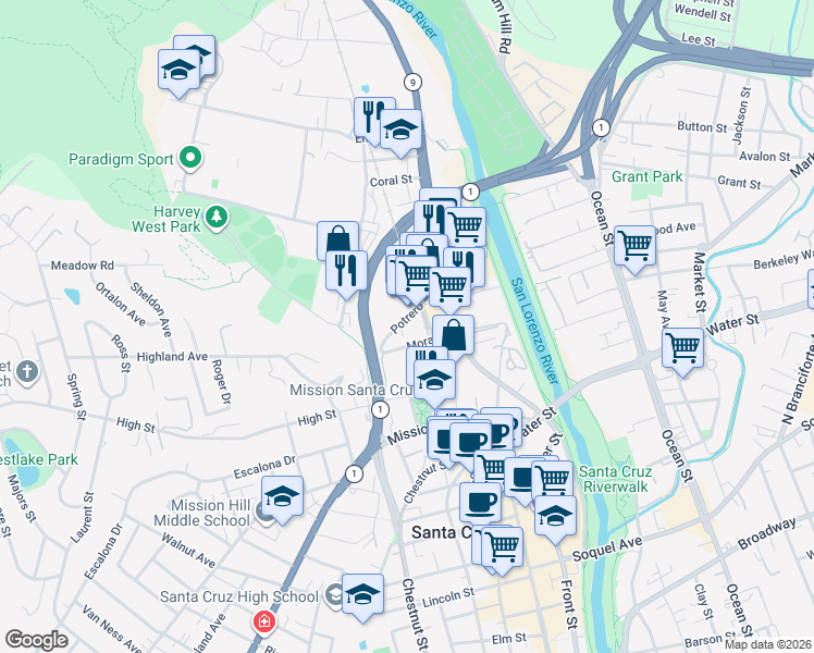 map of restaurants, bars, coffee shops, grocery stores, and more near 303 Potrero Street in Santa Cruz