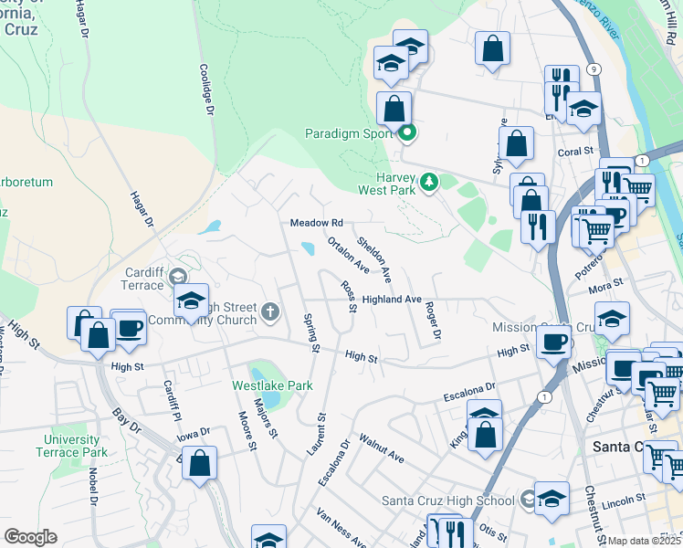 map of restaurants, bars, coffee shops, grocery stores, and more near 244 Ross Street in Santa Cruz