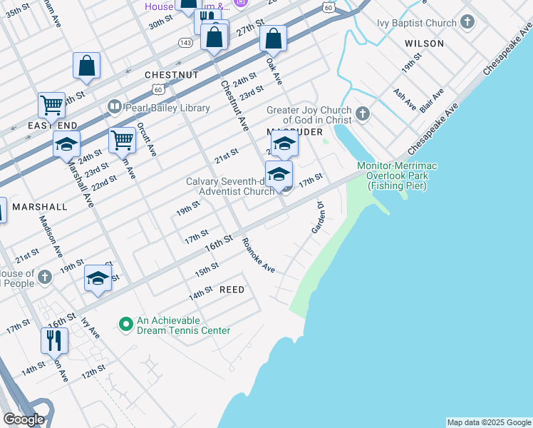 map of restaurants, bars, coffee shops, grocery stores, and more near 1136 17th Street in Newport News
