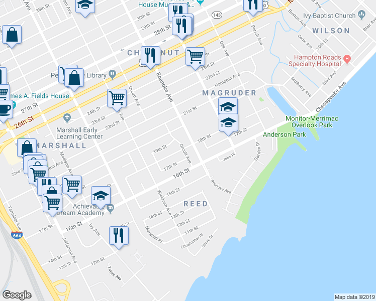 map of restaurants, bars, coffee shops, grocery stores, and more near 1805 Orcutt Avenue in Newport News