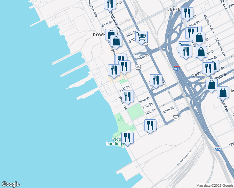 map of restaurants, bars, coffee shops, grocery stores, and more near 3100 West Avenue in Newport News