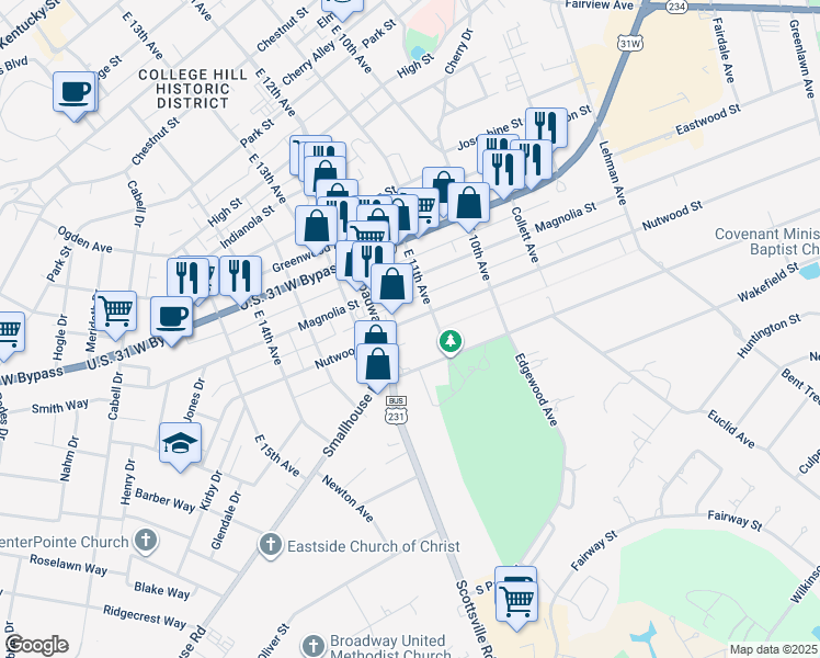 map of restaurants, bars, coffee shops, grocery stores, and more near 1109 Nutwood Street in Bowling Green