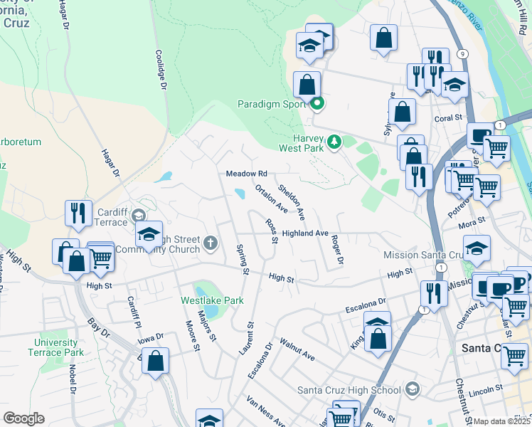 map of restaurants, bars, coffee shops, grocery stores, and more near 244 Ross Street in Santa Cruz