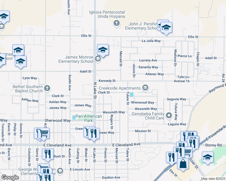 map of restaurants, bars, coffee shops, grocery stores, and more near 1025 East Clark Street in Madera