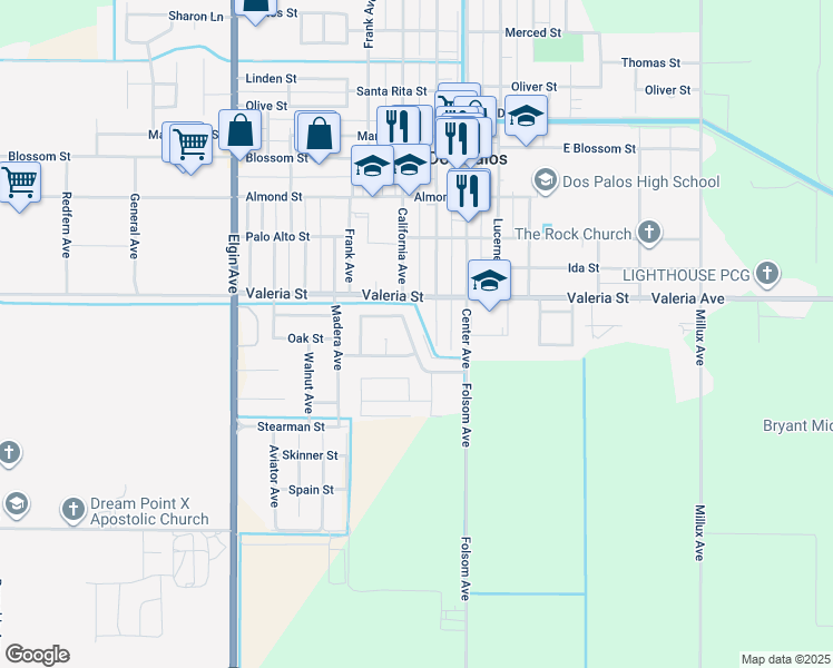map of restaurants, bars, coffee shops, grocery stores, and more near 1951 South McDonald Avenue in Dos Palos