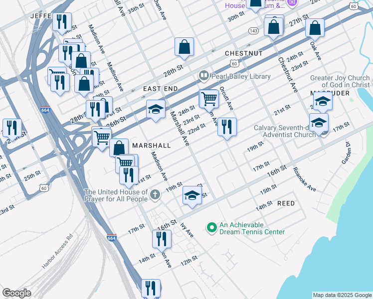 map of restaurants, bars, coffee shops, grocery stores, and more near 2111 Marshall Avenue in Newport News