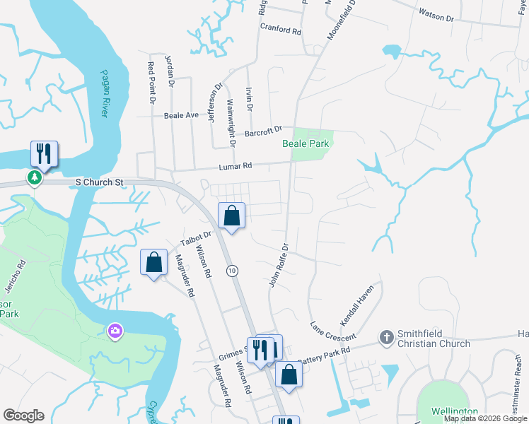map of restaurants, bars, coffee shops, grocery stores, and more near 205 Richmond Avenue in Smithfield