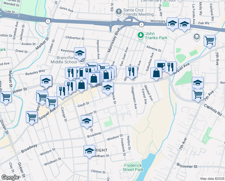map of restaurants, bars, coffee shops, grocery stores, and more near 1606 Soquel Avenue in Santa Cruz