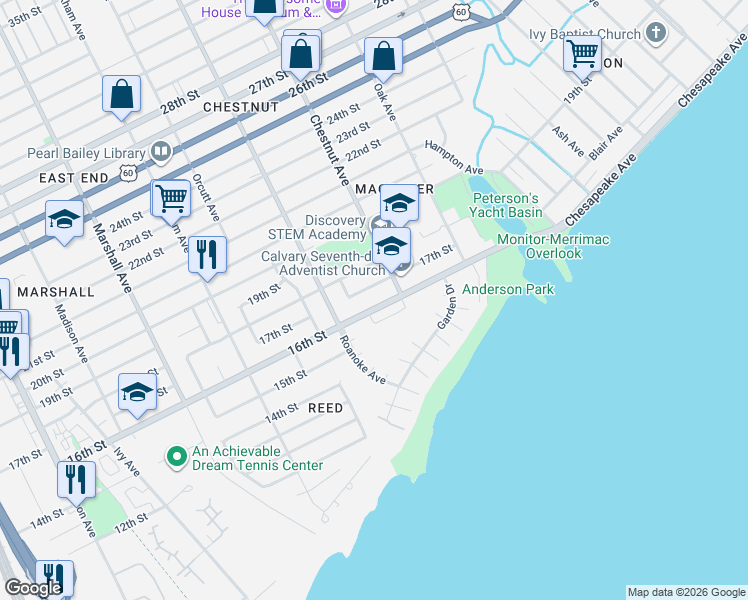 map of restaurants, bars, coffee shops, grocery stores, and more near 1136 17th Street in Newport News