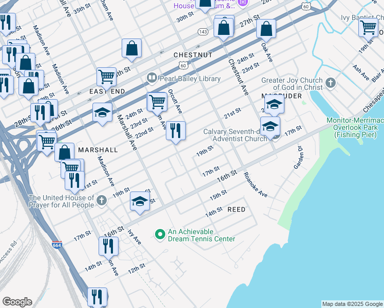 map of restaurants, bars, coffee shops, grocery stores, and more near 917 20th Street in Newport News
