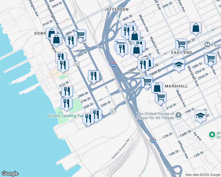 map of restaurants, bars, coffee shops, grocery stores, and more near 2700 Warwick Boulevard in Newport News