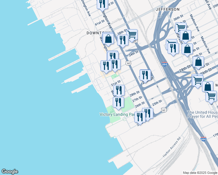 map of restaurants, bars, coffee shops, grocery stores, and more near 3100 West Avenue in Newport News