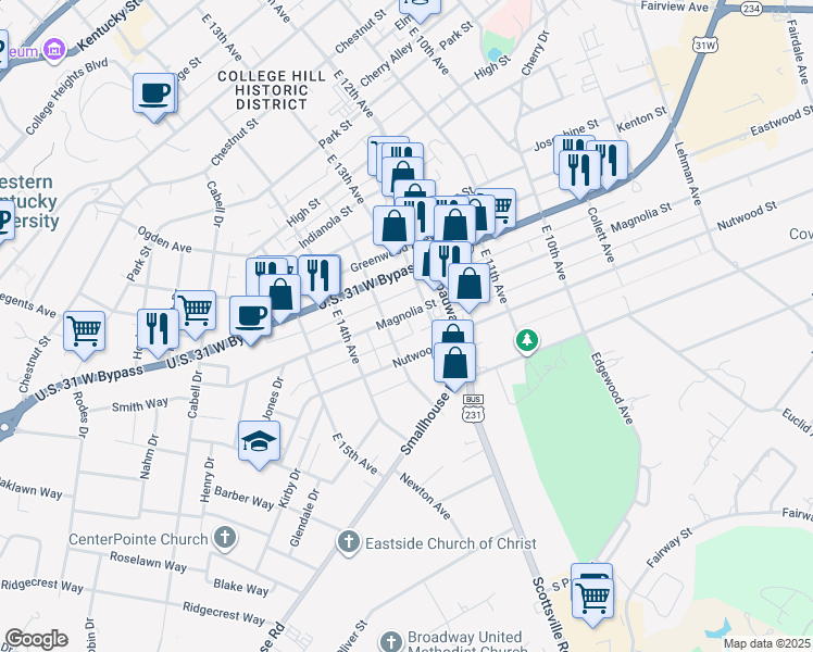 map of restaurants, bars, coffee shops, grocery stores, and more near 1242 Magnolia Street in Bowling Green