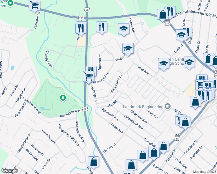 map of restaurants, bars, coffee shops, grocery stores, and more near 2055 Rock Creek Drive in Bowling Green