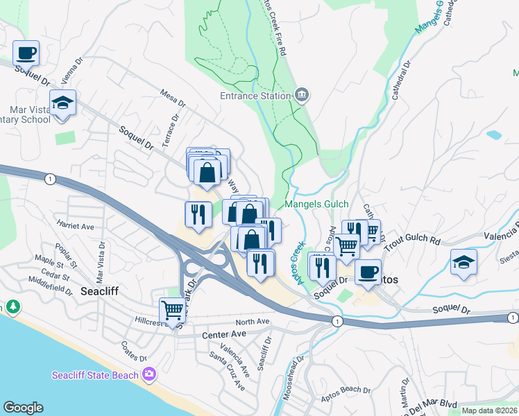 map of restaurants, bars, coffee shops, grocery stores, and more near 7555 Sunset Way in Aptos