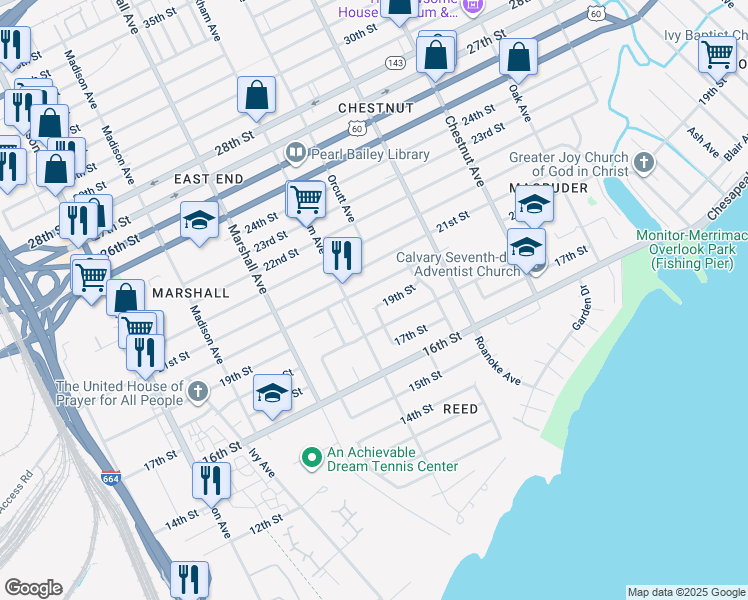 map of restaurants, bars, coffee shops, grocery stores, and more near 917 20th Street in Newport News