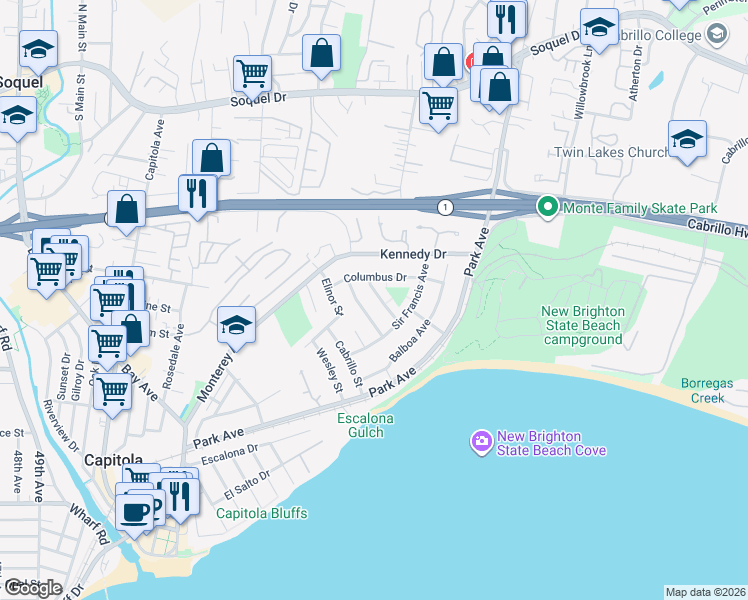 map of restaurants, bars, coffee shops, grocery stores, and more near 205 Cortez Street in Capitola