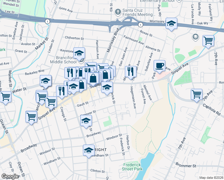 map of restaurants, bars, coffee shops, grocery stores, and more near 1606 Soquel Avenue in Santa Cruz