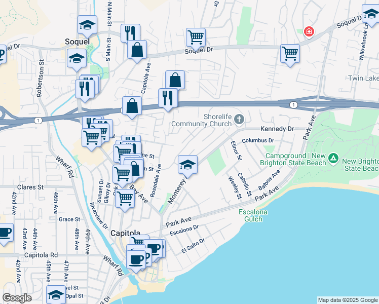 map of restaurants, bars, coffee shops, grocery stores, and more near 300 Hill Street in Capitola