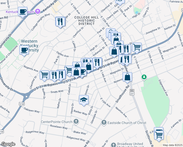 map of restaurants, bars, coffee shops, grocery stores, and more near 1502 U.S. 31 West Bypass in Bowling Green