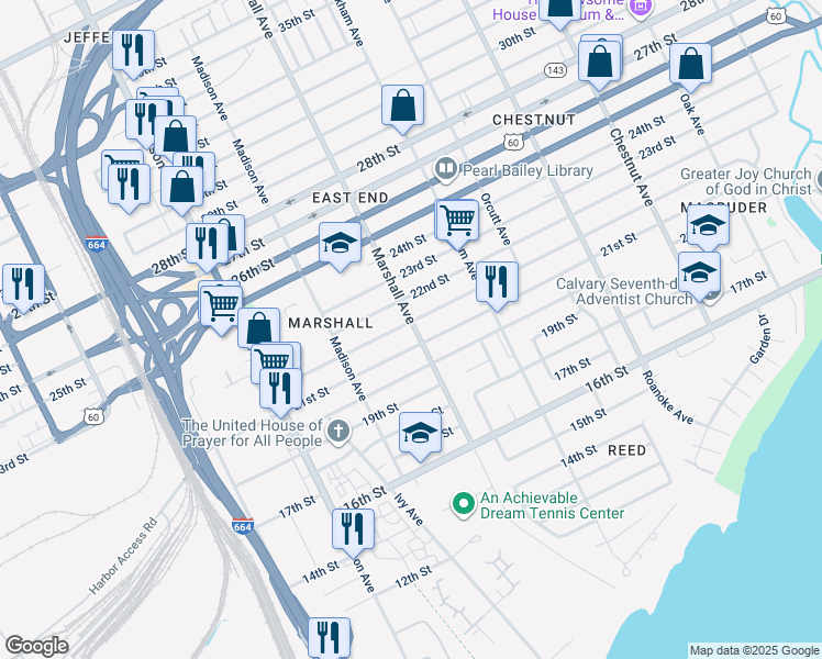 map of restaurants, bars, coffee shops, grocery stores, and more near 2127 Marshall Avenue in Newport News