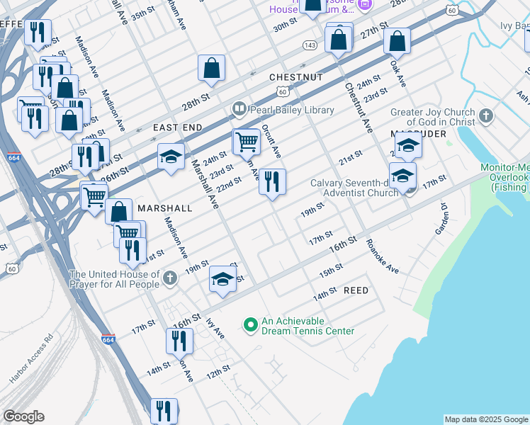 map of restaurants, bars, coffee shops, grocery stores, and more near 855 20th Street in Newport News