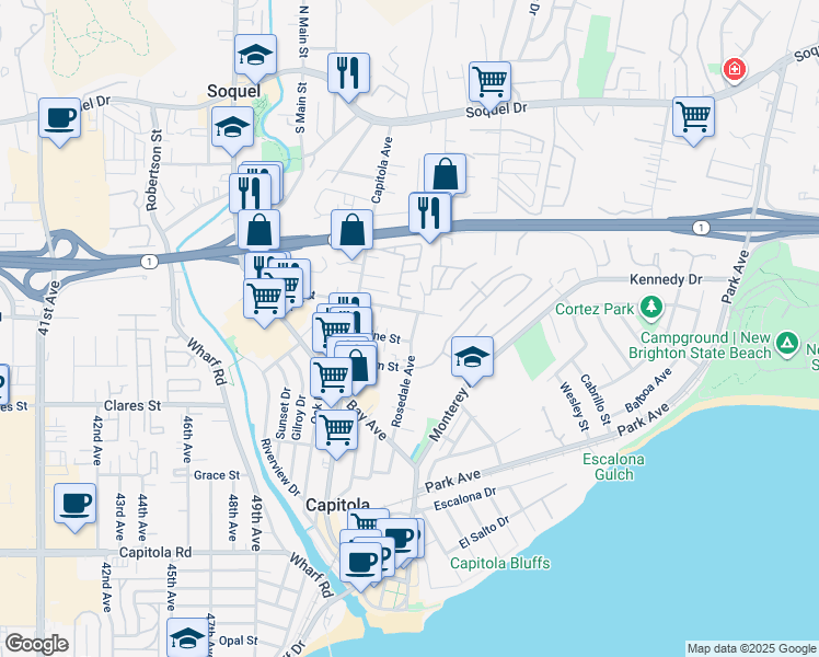 map of restaurants, bars, coffee shops, grocery stores, and more near 805 Rosedale Avenue in Capitola