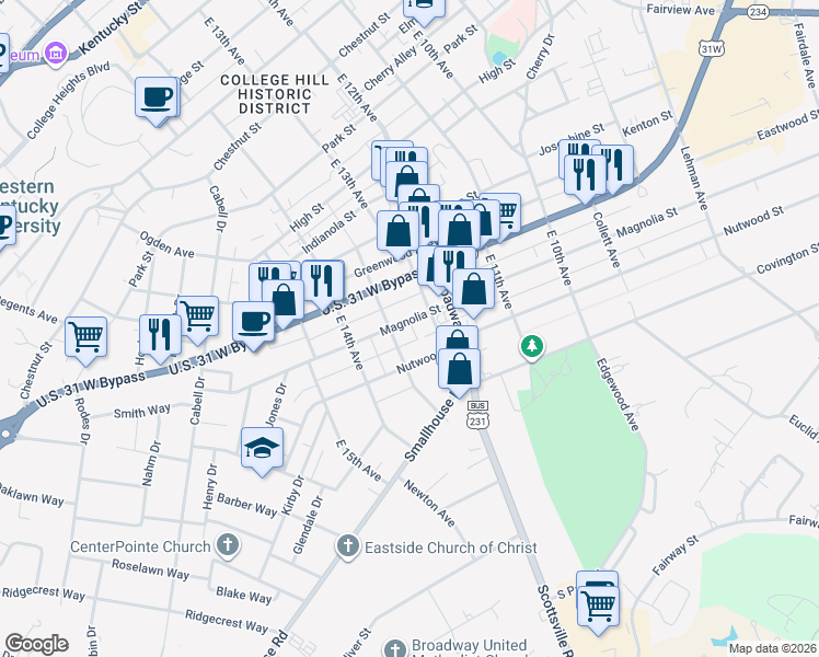 map of restaurants, bars, coffee shops, grocery stores, and more near 1248 Magnolia Street in Bowling Green