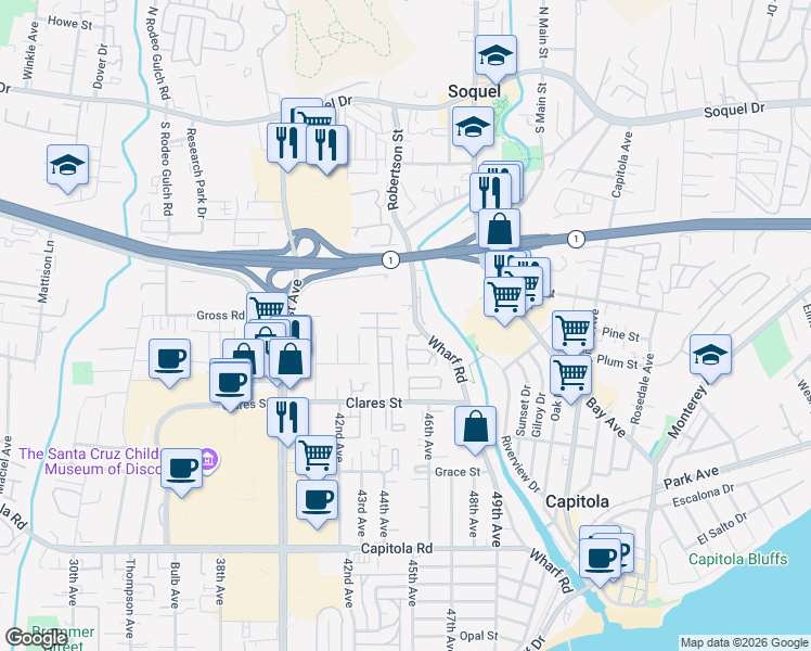 map of restaurants, bars, coffee shops, grocery stores, and more near 2205 Wharf Road in Capitola