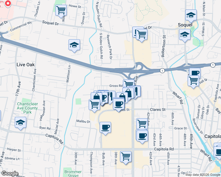 map of restaurants, bars, coffee shops, grocery stores, and more near 3630 Gross Road in Santa Cruz