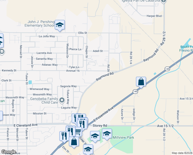 map of restaurants, bars, coffee shops, grocery stores, and more near 27804 Avenue 16 in Madera