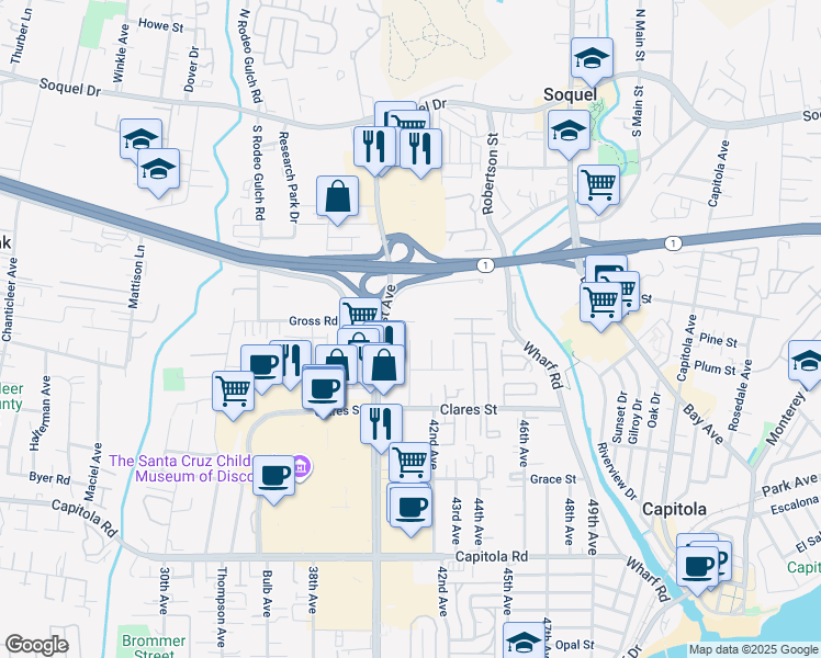 map of restaurants, bars, coffee shops, grocery stores, and more near 4170 Gross Road in Capitola