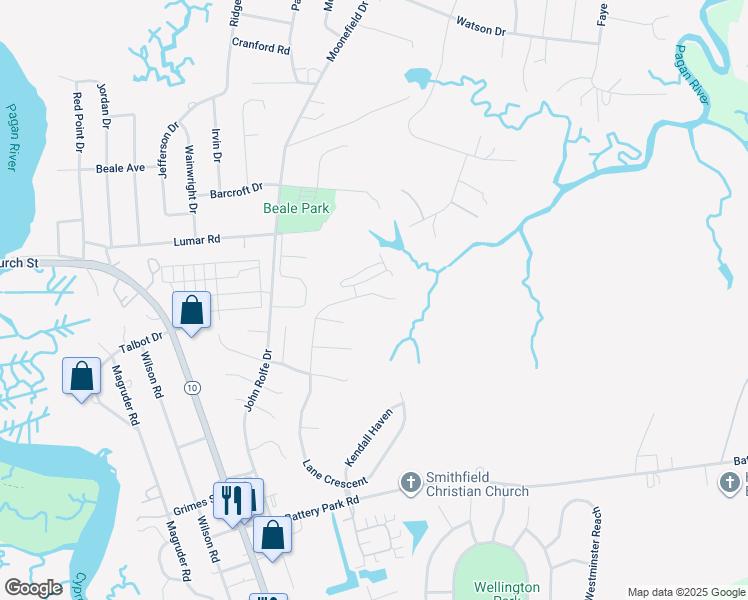 map of restaurants, bars, coffee shops, grocery stores, and more near 424 Lane Crescent in Smithfield