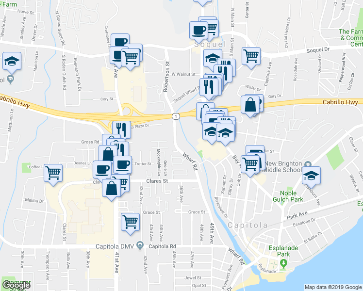 map of restaurants, bars, coffee shops, grocery stores, and more near 2056 Wharf Road in Capitola