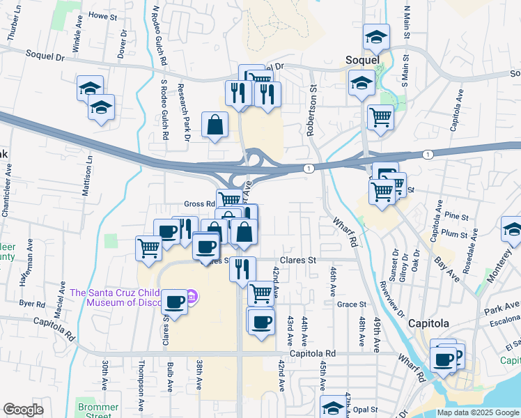 map of restaurants, bars, coffee shops, grocery stores, and more near 4170 Gross Road in Capitola